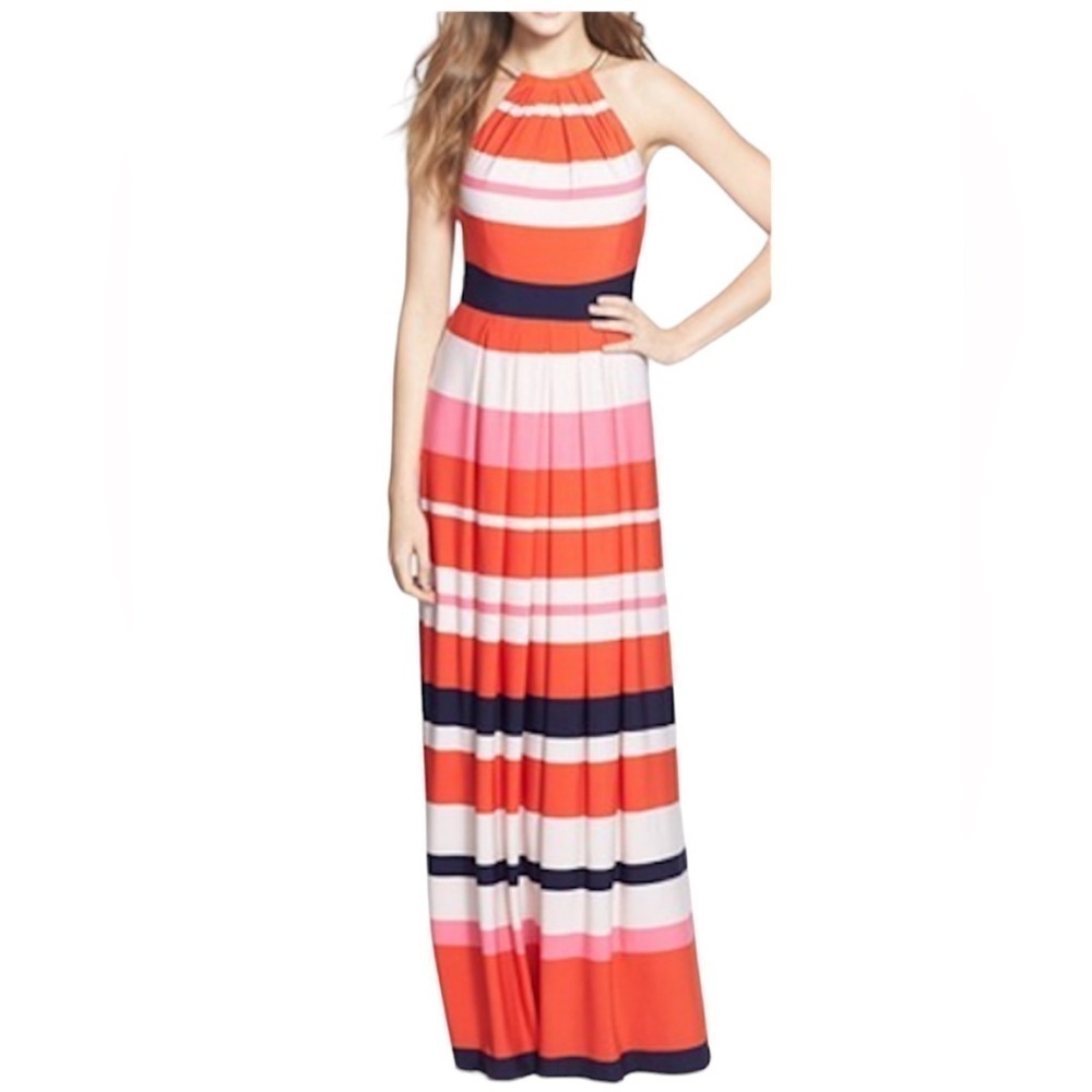 NEW ELIZA J Striped Pleated Halter‎ Maxi Dress Gold Choker Closure Size 10